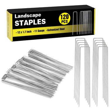 Imagem de HongWay Pacote com 120 grampos de paisagem de 30,5 cm, estacas de jardim, grampeadores galvanizados de calibre 11, grampo, barraca, quintal, estacas de tecido, alfinetes de paisagismo para jardinagem,