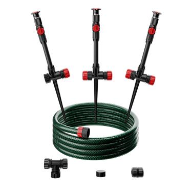 Imagem de RESTMO Sistema de irrigação acima do solo com base de ponta de metal, kit de irrigação DIY flexível, irrigador de gramado multiajustável e conjunto de mangueira de 9 metros, para plantas de jardim,