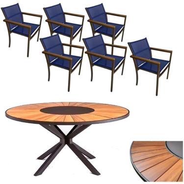 Imagem de Jogo De Mesa Jantar 1,50m Zurick Madeira Pétalas 6 Cadeiras Amélia Tela Sling E Alumínio Azul