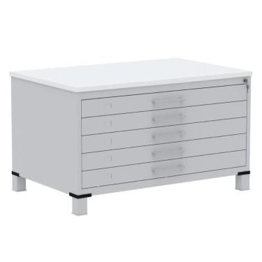 Imagem de Mapoteca 5 Gavetas Pandin 120 Cm (larg) Inmetro Tampo Mdp Branco Estrutura Aço Cinza Gavetas Cinza