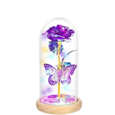 Imagem de Flores artificiais de borboleta rosa, base de madeira coberta de vidro eterno, luzes LED presentes para mulheres, mães, filhas, amantes em aniversários, dia das mães, aniversários, dia dos namorados
