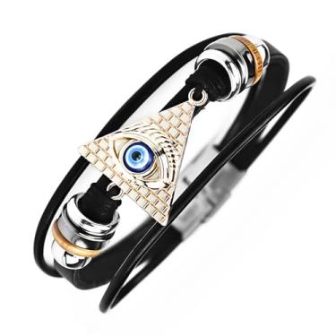 Imagem de ROJEMXVE Pulseiras de couro retrô Angel Evil Eye para homens e mulheres, cordão multicamadas, pulseiras étnicas tribais de liga de zinco, joias punk, presentes, pulseiras douradas, One Size, Zinco