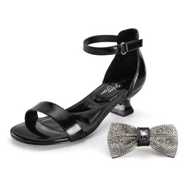 Imagem de Sandálias para meninas com laço removível, salto baixo, bico aberto, tira no tornozelo, florista, festa de casamento, princesa, branca, rosa, ouro, prata, preto, casual, confortável, ajustável, leve