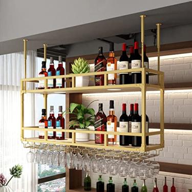 Imagem de GoodBZ Prateleira flutuante de barra vintage industrial com luzes, suporte para garrafa de vinho pendente montado no teto, prateleira de exibição de vidro de barra, decoração de restauração