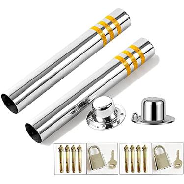 Imagem de Fechadura para espaço de estacionamento de automóveis, pacote de 2 barreiras de estacionamento de atividades removíveis, poste de entrada de aço inoxidável com cadeado (branco prateado, 750 x 76