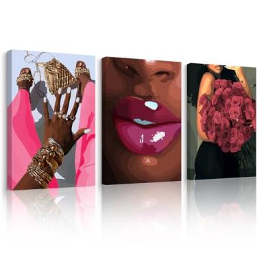 Imagem de Arte de parede de menina negra mulher africana decoração de parede rosa preto mulheres pessoas arte moda pôster imagem menina afro-americana pintura de flores abstrata para quarto sala de estar 30,5 x