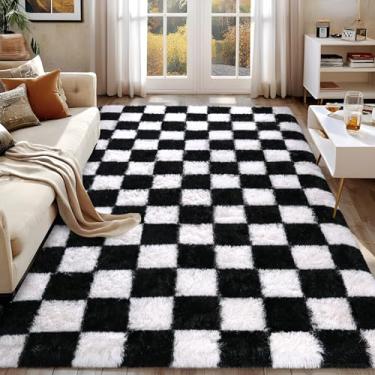 Imagem de FALARK Tapetes para quarto, sala de estar, tapete xadrez preto e branco de 1,2 x 1,8 m, tapete macio e lavável, tapetes modernos antiderrapantes para meninos, meninas, berçário, casa, decoração