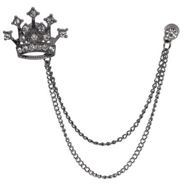 Imagem de coadipress Coroa com corrente suspensa broche para mulheres homens elegantes cavalheiros ouro prata cristal coroa lapela broche vintage strass casamento terno camisa pin acessórios, Middle, Liga de