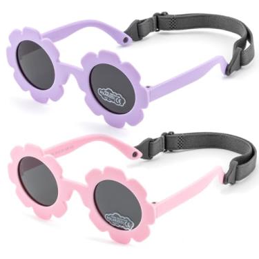 Imagem de FLJMRAVER Óculos de sol Polarizrd para bebês com alça flexível, dobrável, óculos de sol para recém-nascidos de 0 a 24 meses, A7* Roxo fosco/cinza + rosa fosco/cinza, Small