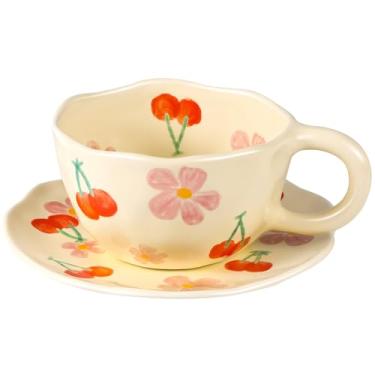 Imagem de Copos de cappuccino com pires 227 g Latte Art Cup Cerâmica Canecas de Café Estética Irregular Copos de Flores para Expresso, Double Shot, Americano, Latte, Chá - Seguro para Micro-ondas e Lava-Louças