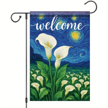 Imagem de Starlit Patio Welcome Van Gogh Bandeira de jardim céu estrelado flor lírio de calla bandeira de quintal floral 30,5 x 45,7 cm decoração externa dupla face para primavera verão varanda gramado