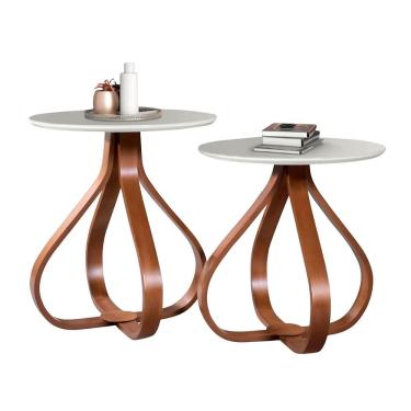 Imagem de Kit Mesa Lateral Com Vidro Pé Madeira Castanho Off White