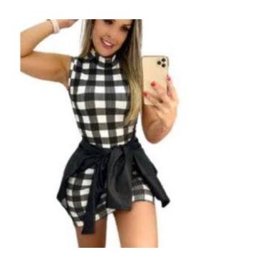 Imagem de Vestido feminino malha canelada estampa xadrez gola alta manga cavada 