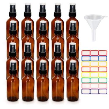 Imagem de YEUIKERR Pacote com 24 frascos de spray de vidro âmbar, frasco pequeno vazio de névoa fina com funil e etiqueta para viagens, óleos essenciais