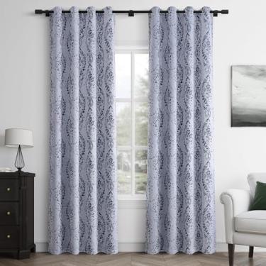 Imagem de Cortinas 100% blackout com estampa de damasco para quarto, sala de estar, estampa de flores azuis, boêmio, vintage, campo, escurecimento, isolamento térmico, isolamento térmico, ilhós, cortinas, 2