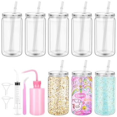 Imagem de HOMIEE Pacote com 8 copos de globo de neve de 473 ml com 5 peças de globo de neve ferramenta faça você mesmo, pote de plástico de parede dupla com tampa, canudo, furo pré-perfurado