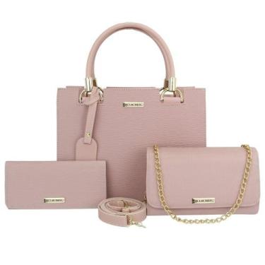 Imagem de Kit 3 Peças Rosa Bolsas Transversal e Clutch Alça Removível Carteira P