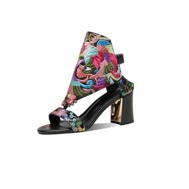 Imagem de TinaCus Sandália feminina feita à mão de couro legítimo com bico aberto e salto bloco, Preto, 37