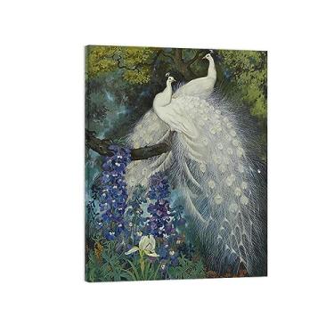 Imagem de Pintura famosa arte de parede - pavões e delfínio-animal impressão em tela - pintura de arte para decoração de parede de sala de estar - pôster de reproduções 70 x 90 cm 28 x 35 polegadas tela