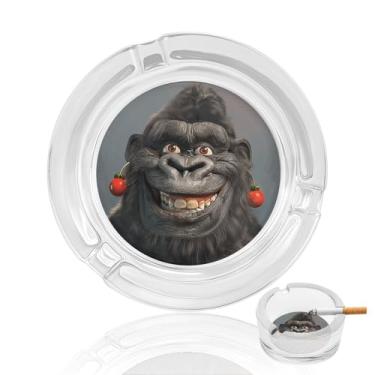 Imagem de Cinzeiro de vidro de cristal com foto de gorila sorridente, cinzeiro redondo de vidro resistente para fumar cinzeiro portátil decorativo moderno para uso em casa, escritório, interior, exterior, pátio