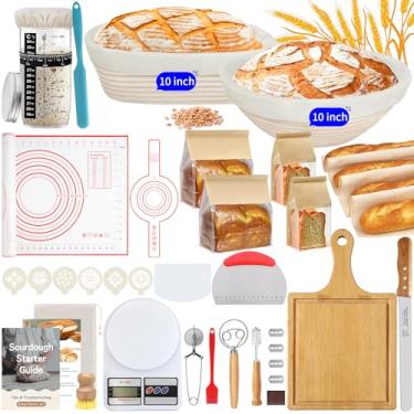 Imagem de PeacePeo Conjunto de cesta redonda e oval de 25,4 cm, cesta à prova de pão Banneton com pote inicial, kit inicial de fermento inclui faca de pão e tábua de pão, vime natural para pães perfeitos