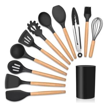 Imagem de Kit 12 Utensílios De Cozinha Em Silicone E Cabo De Madeira Jogo De Utensílios Resistente ao Calor Antiaderente Premium GAXMARK