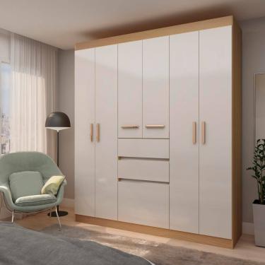 Imagem de Guarda-Roupa Casal Genialflex Berna com 6 Portas, 2 Gavetas, 4 Prateleiras e 172cm de largura - Freijó/White Laca