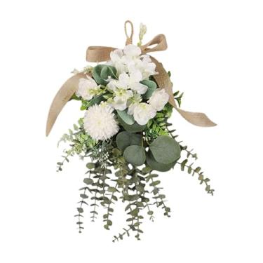 Imagem de rockible Guirlanda de lágrima floral artificial, eucalipto, crisântemo, decoração para porta da frente, cerca, quintal, presente de hotel, Branco