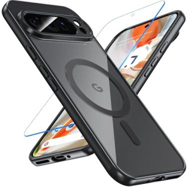 Imagem de Capa para Google Pixel 9 Pro XL com protetor de tela, capa fina para celular Pixel 9 Pro XL com magsafe preta, antiamarelamento de 3 m, militar, à prova de quedas, com biséis levantados para Google