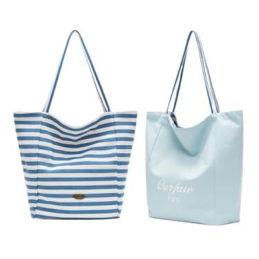 Imagem de Xofuru Sacola dupla face grande capacidade Fresh Color Block listrada bolsa de lona menta Mambo bolsa de ombro casual bidirecional, Listras azuis/azul claro