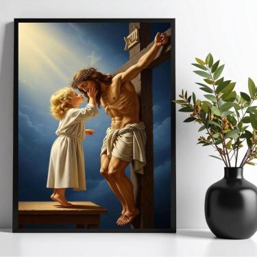 Imagem de Quadro Criança Beijando Jesus Na Cruz 45X34Cm - Com Vidro