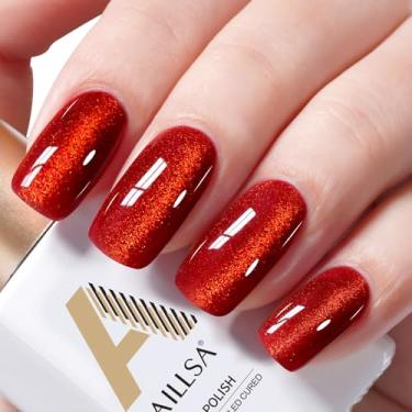 Imagem de AILLSA Esmalte de gel vermelho olho de gato borgonha glitter cristal gel esmalte com ímã, brilho de sangue translúcido gel polonês holográfico refletivo gelatina cor U V unhas DIY em casa 14,2 g GF21