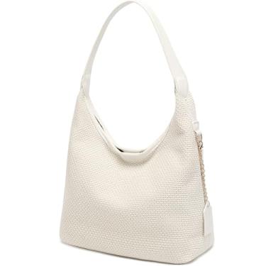 Imagem de Bolsa de ombro de palha para mulheres, bolsa de ombro de tecido macio, bolsa de praia de palha para férias, Branco, Medium, Bolsa de ombro feminina de palha para praia
