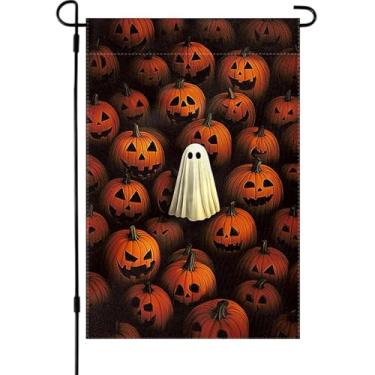 Imagem de Bandeira de jardim de Halloween, 30,5 x 45,7 cm, design de abóbora fantasma dupla face, outono, outono, estopa para jardim, exterior, decoração de casa