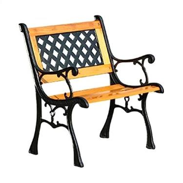 Imagem de Banco de jardim para pátio ao ar livre, banco de jardim externo de ferro fundido com encosto, apoios de braços e pernas esculpidos, conjunto de banco de parque externo para varanda à beira da piscina