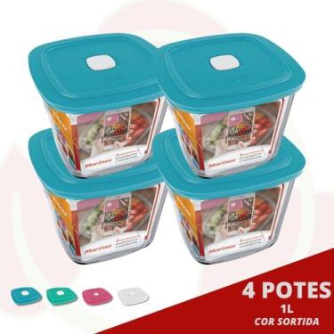 Imagem de 4 Pote Vidro Quadrado Alto Facilita c/ Tampa Sortida 1L Marinex - NADI