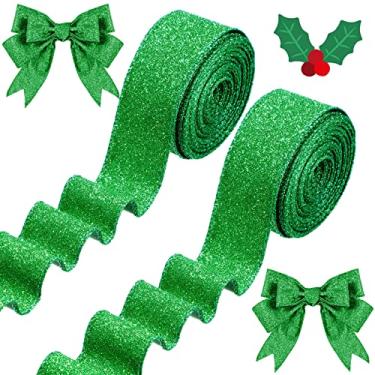 Imagem de Juinte Fita metálica com glitter com fio de 20 metros - espessa, verde, 3,8 cm - embrulho de presente, decoração de árvore, guirlanda, festa, artesanato DIY, decorações