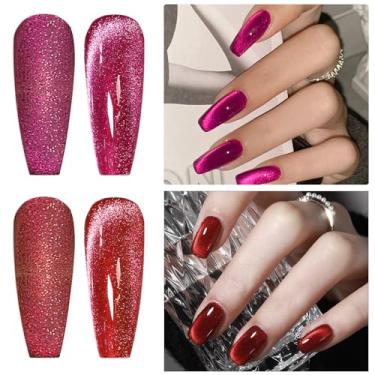 Imagem de AHAMIOU Kit de esmalte de gel Crystal Cat Eye Conjunto de esmaltes magnéticos holográficos para olhos de gato esmalte de unha com diamante brilhante com bastão magnético (2 peças - rosa escuro e