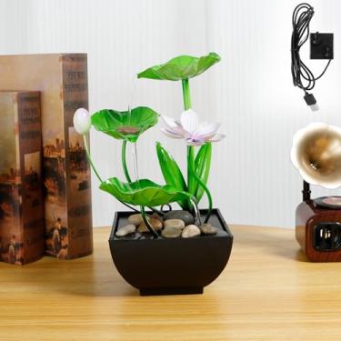 Imagem de Fonte de mesa de lírio de água com pedra natural fonte de carregamento USB para mesa com bomba embutida 3 camadas folha verde fonte de cachoeira decoração para escritório em casa (estilo 1)