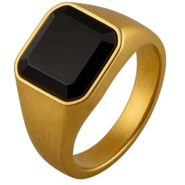 Imagem de Anel Masculino Grande Pedra Preta Agatha Dourado Solitário (23)