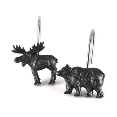 Imagem de Ganchos de cortina de chuveiro de urso e veado - Ganchos decorativos pretos rústicos para cabana e rena de Natal, anéis de aço inoxidável à prova de ferrugem - Farmhouse Lodge com tema de oeste e