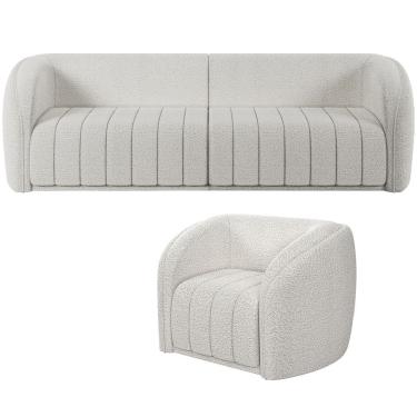 Imagem de Kit Sofá 4 Lugares Para Sala 252cm com 01 Poltrona Lazio M03 Bouclê Branco - Lyam Decor