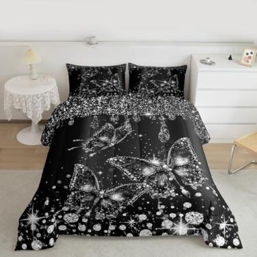 Imagem de Feelyou Conjunto de edredom infantil com borboleta, diamantes negros, chique, luxuoso, para quarto de crianças, meninos, meninas, decoração de microfibra ultramacia e respirável