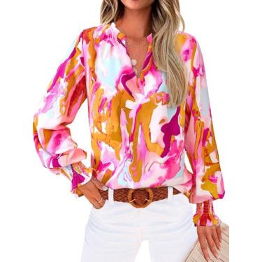 Imagem de Blusa feminina MASCOMODA com decote em V, floral, manga comprida, chif