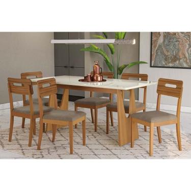 Imagem de Conjunto Sala de Jantar Mila Premium Madeira Maciça c/ Tampo Madeirado c/ Vidro 180x90cm e 6 Cadeiras Lila Carvalho/Off White - Boucle Bege Fendi-Kapp