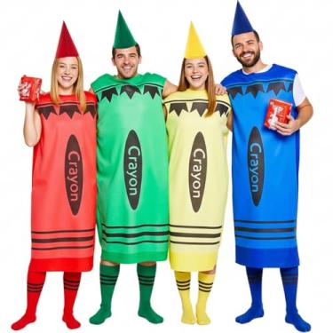 Imagem de Cotwinter Conjunto de 4 fantasias de giz de cera de Halloween unissex para adultos, inclui vermelho, amarelo, azul, verde, giz de cera, chapéus e meias listradas de 4 cores para festa de Halloween