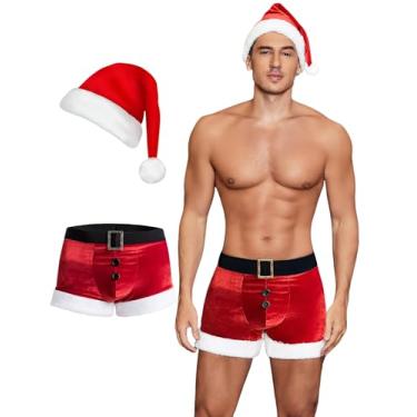 Imagem de Avidlove Conjunto de lingerie masculina de Natal sexy, roupas de Papai Noel, 2 peças, cuecas boxers vermelhas com chapéu, Natal, P, vermelho