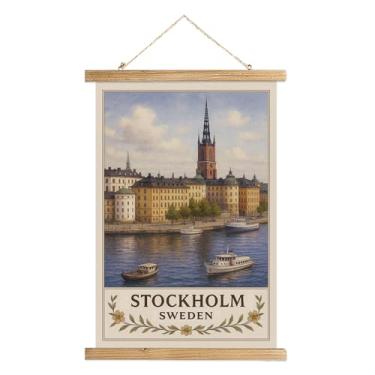 Imagem de XIAOAIKA Pôster de arte de parede Estocolmo Suécia, impressão vintage de viagem de beira-mar e igreja, pergaminho pendurado em tela de linho com moldura de madeira, decoração de cidade europeia para