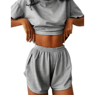 Imagem de Conjunto de pijama Kistore, shorts listrados femininos de verão, preto