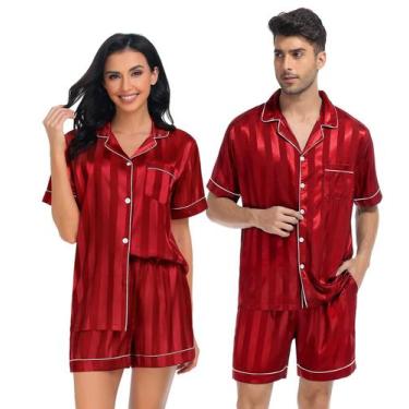 Imagem de Conjunto de pijama SWOMOG de seda acetinada com botões e manga curta